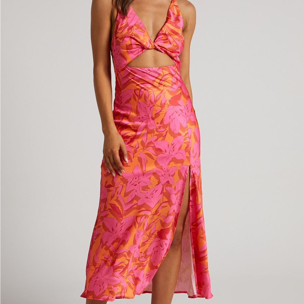 Showpo Pink & Orange Floral Dress with Twist Front